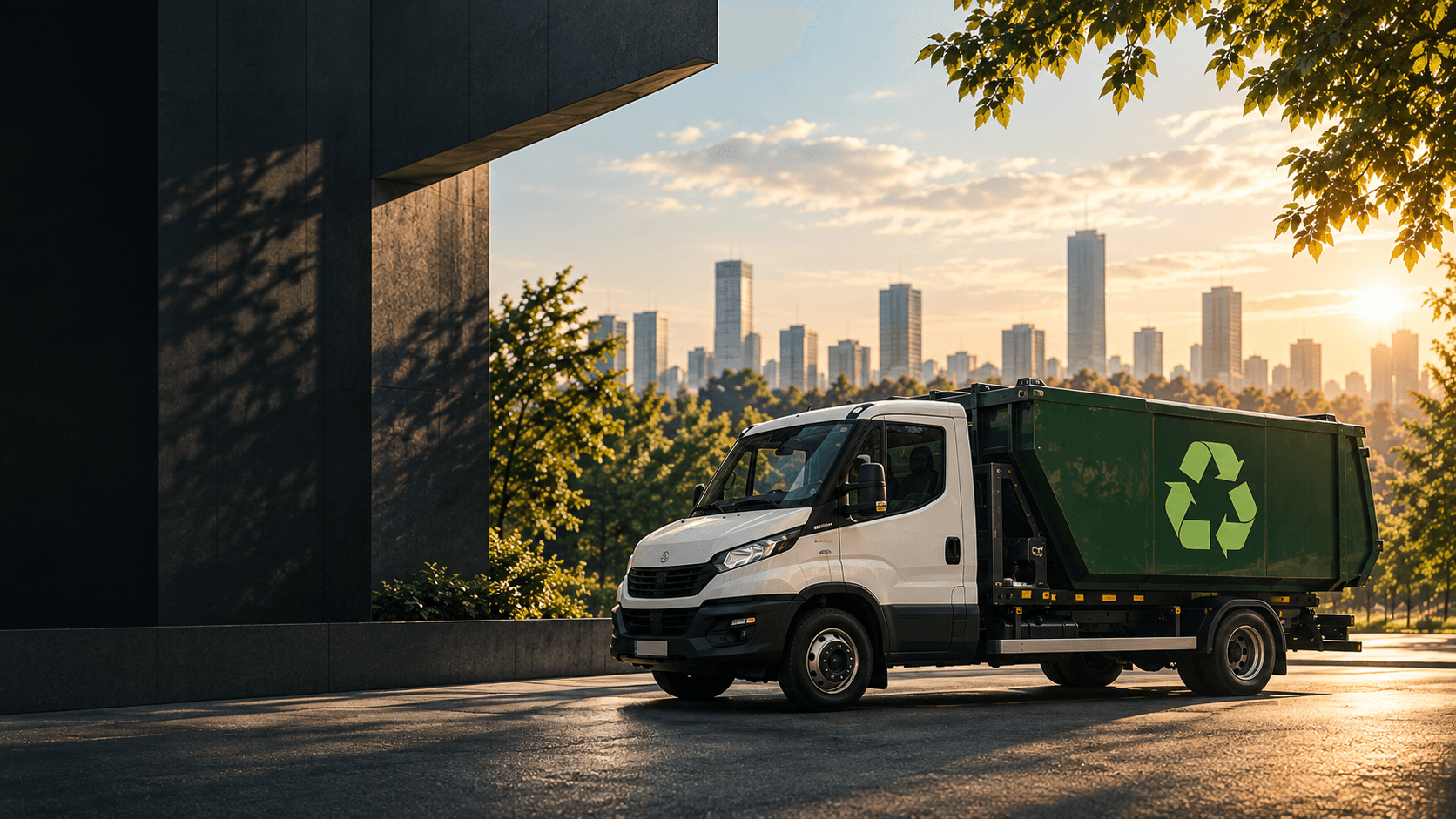 Camion Vancos cu container de reciclare, pe fundalul orizontului Bucureștiului